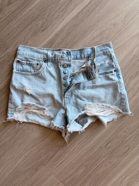 Levi's Light Blue Distressed High-Rise Denim Shorts